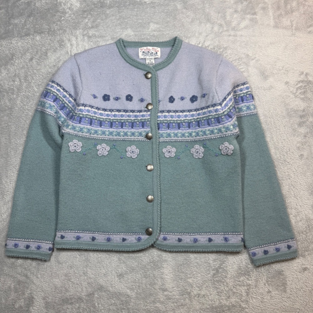 Vintage Tally-Ho Floral Embroidered Cardigan Womens M Blue Wool 90s Cottage Core